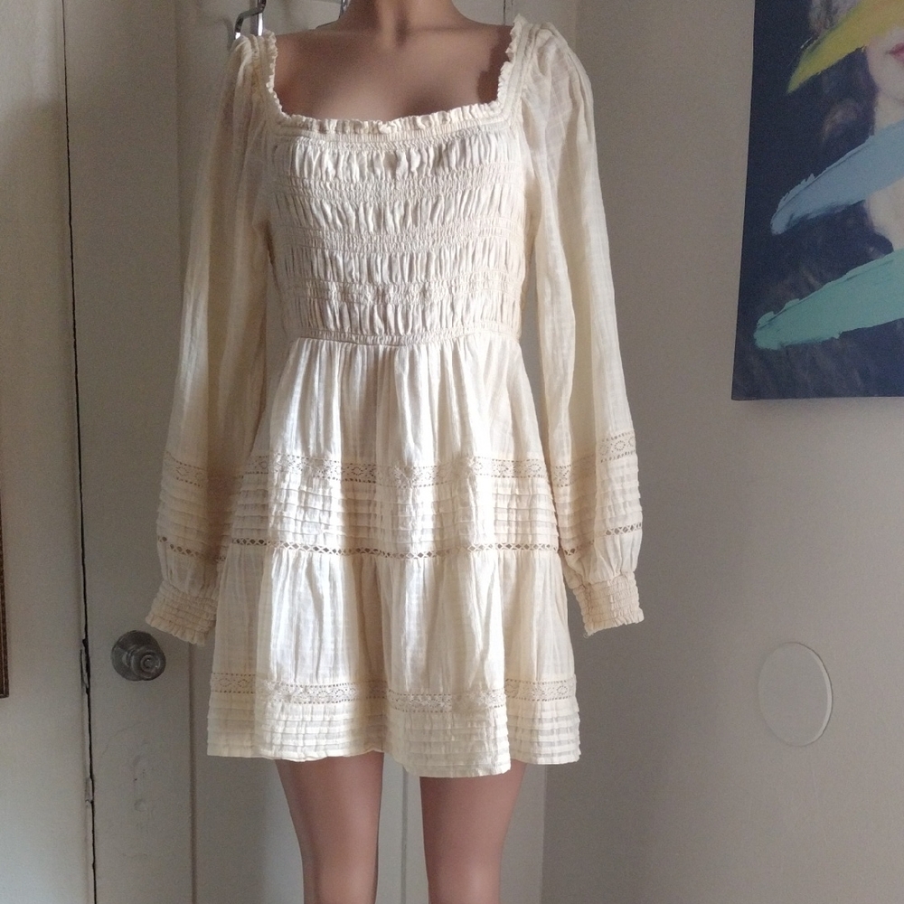 American Eagle Outfitters Cotton Cream Smocked Tiered Sundress M